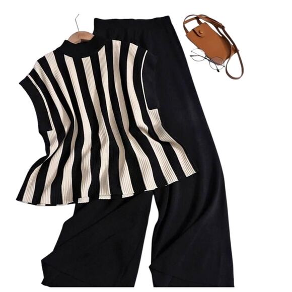 Commense Women's Medium Black White Striped Sweater Vest Knit Wide Leg Pants - Picture 5 of 7